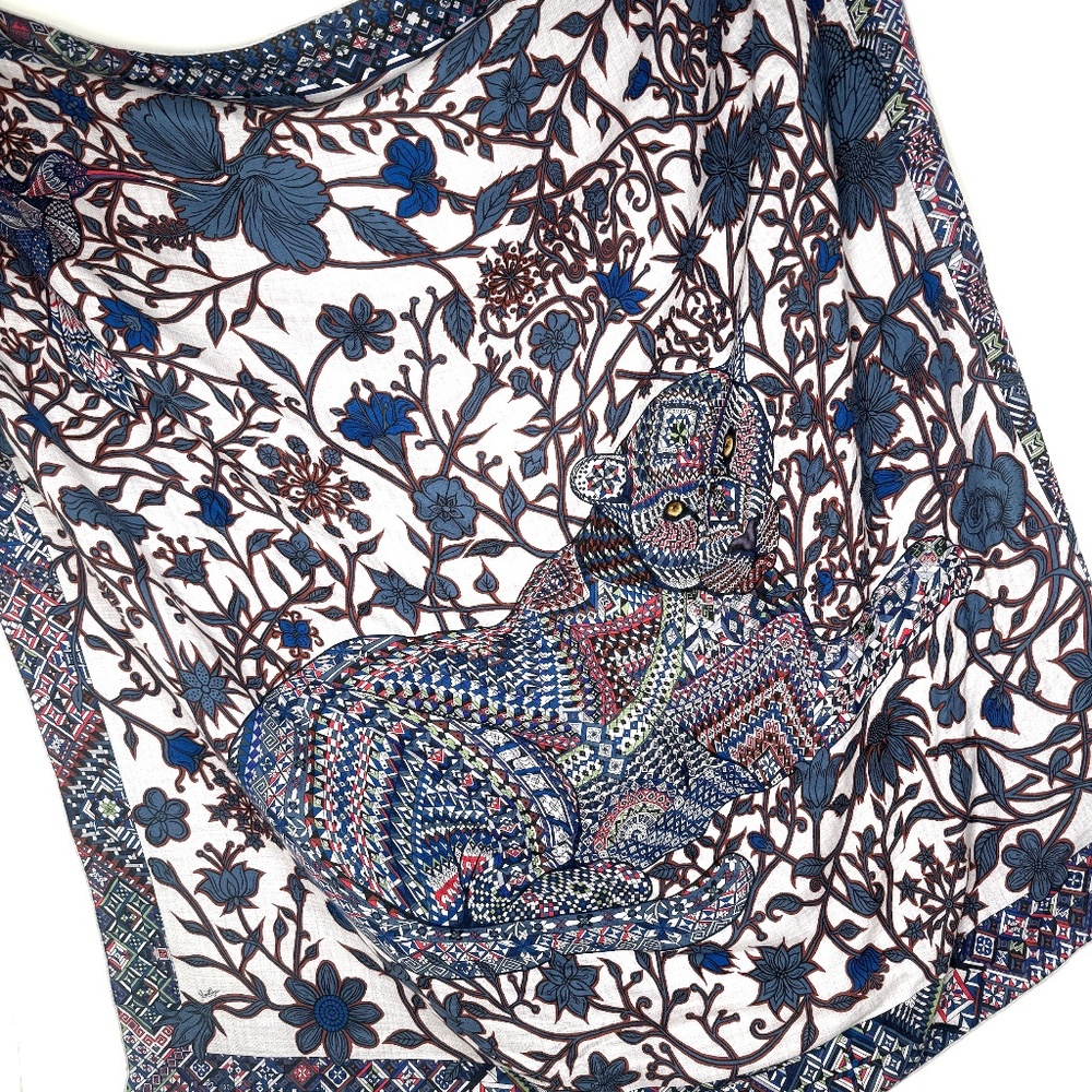 HERMES Le Jaguar Et Le Colibri Gris Chine Bleu Acajou Cashmere 140 Shawl Scarf